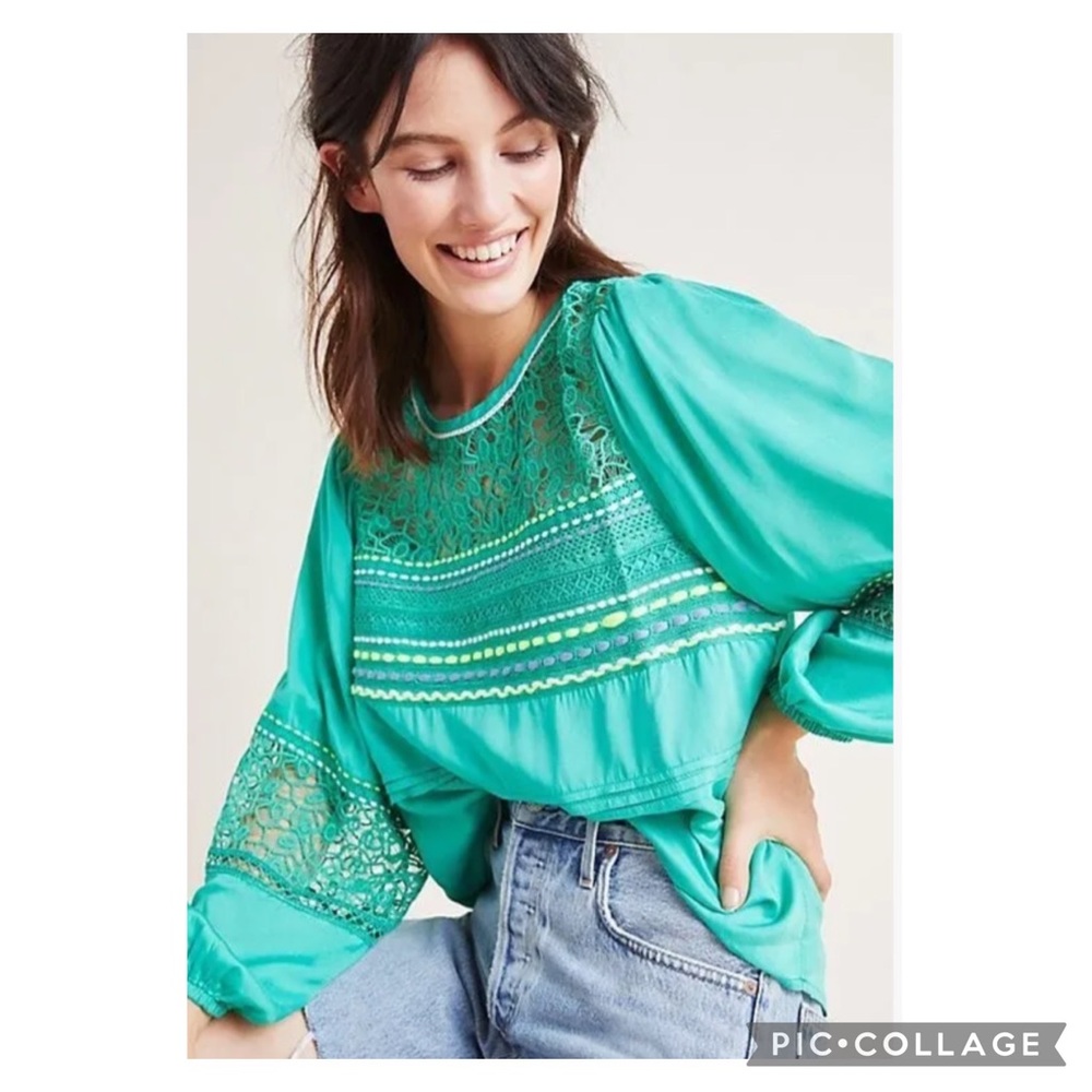 Anthropologie Blank London Sunshine Green Embroidered Peasant Blouse Size Medium